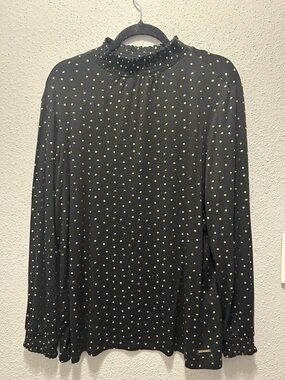 Anne Klein Black Long-Sleeve Smocked Neck Top with Gold Dots